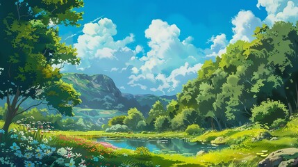 A tranquil natural scene. The foreground features lush greenery, including colorful flowers and tall grass. A calm pond reflects the clear blue sky
