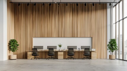 Modern office interior visible behind a blank wooden wall, ideal for a mockup on a light...