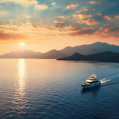 Modern  yacht ship sailing the sea with sunset view