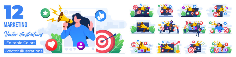 Set of flat illustrations of video marketing, social media campaign, e-commerce, influencer marketing, blogger, promotion, Digital marketing