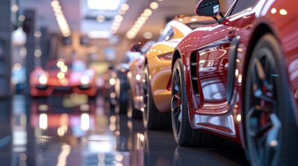 New cars in the showroom show waiting for sale to customer. hyper realistic 