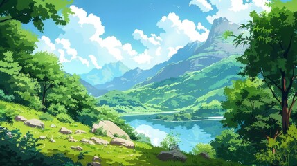 A serene meadow nestled under a bright blue sky adorned with fluffy white clouds. lush green landscape features various types of vegetation, including grasses and blooming flowers