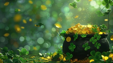 Embark on a journey of Irish tradition and celebration with this mesmerizing image featuring a black pot overflowing with gleaming gold coins and lush shamrock leaves