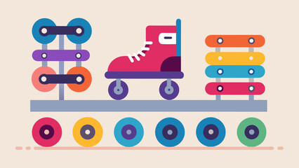 Naklejka premium The shop also boasts a collection of roller skate wheels in every color imaginable allowing customers to fully customize their gear.. Vector illustration