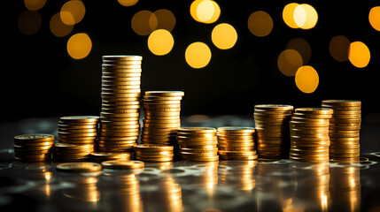 Gold coins stacked in rows background