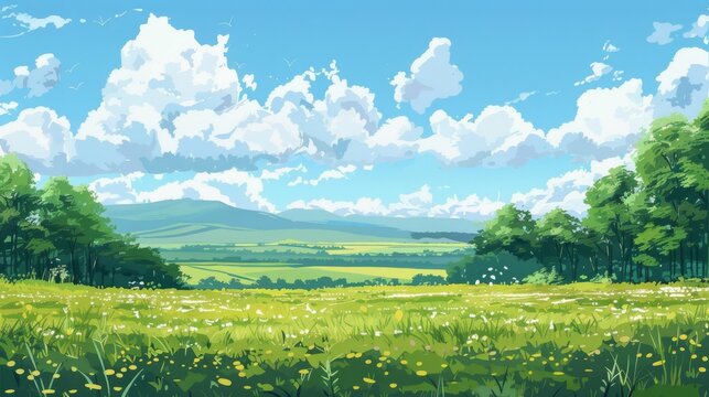 A serene landscape with lush green fields and a clear blue sky. The image depicts open fields, distant mountains, and fluffy clouds, creating a picturesque view of the countryside