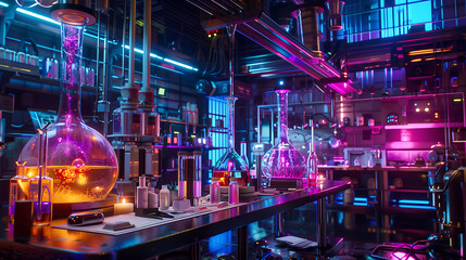  Scifi laboratory with glowing flasks and colorful neon lights