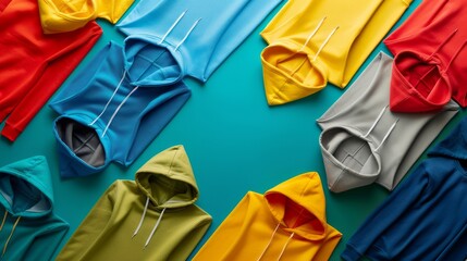 Several hoodies spread on colorful background hyper realistic 