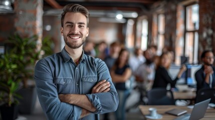 Fototapeta premium Smiling, happy and proud young business man with arms crossed showing great leadership to his team in an office. Portrait of a confident entrepreneur satisfied with new opportunity in a startup