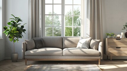 Fototapeta premium Stylish living room interior with couch and drawer near window. Mockup frame hyper realistic 