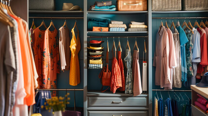 dressing room, neatly organized and stylish closet with colorful hanging on hangers, shoes on the bottom shelf at home, open drawer containing folded fabrics and other accessories