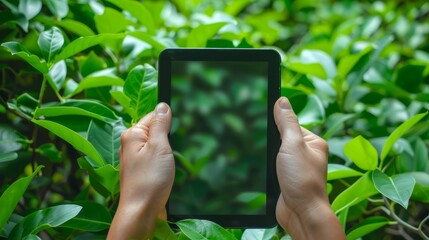 Touch screen tablet in hands in front of nature green background hyper realistic 