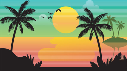 Palm trees silhouette on sea background in sun set
