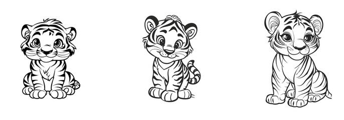 Obraz premium Black & white tiger cartoon with different angle positions sitting on transparent background cutout, PNG file.