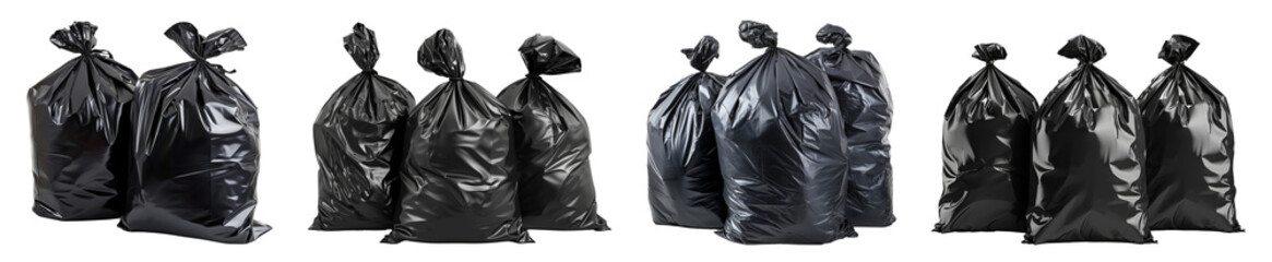 A set of black garbage bags isolated on transparent background. 
