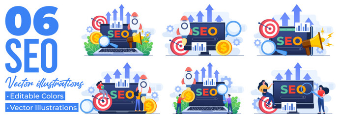 Set of flat illustrations of  Search engine optimization concepts, SEO growth