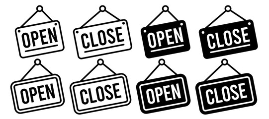 Open and close icon set. Open and close hanger board icons on transparent background. Open close sign on wooden board. Open and close board symbol hanging in shop, restaurant, vector illustration