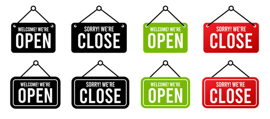 Open and close icon set. Open and close hanger board icons on transparent background. Open close sign on wooden board. Open and close board symbol hanging in shop, restaurant, vector illustration