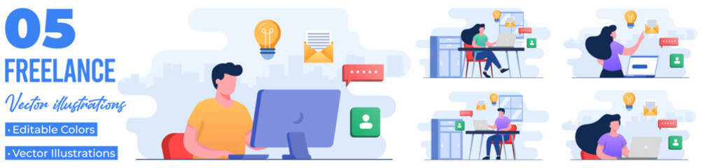 Set of flat illustrations of freelancer at a convenient workplace  