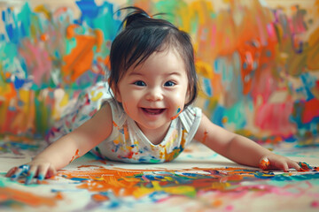 Cute little baby girl playing with colorful mess paints on the floor