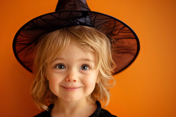 Cute little girl in witch hat, masquerade costume on orange background. Halloween.
