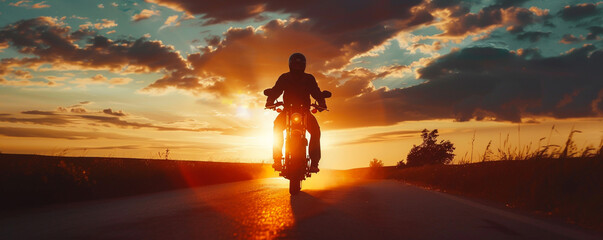 the sun sinking low a solo biker hits the road his silhouette cutting through the twilight...
