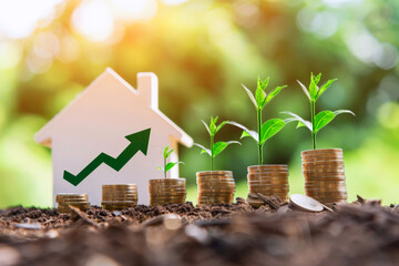 Stacks of coins with green sprouts, growing green arrow graph on a house silhouette, on blurred light background. Investment to buy a house or home. Saving money for the future.
