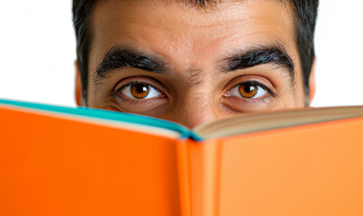 Closeup man reading a book with big eyes, isolated on white background
