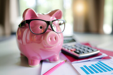 Pig piggy bank with glasses, coins, calculator, financial analytics, budget, savings, savings, mortgage