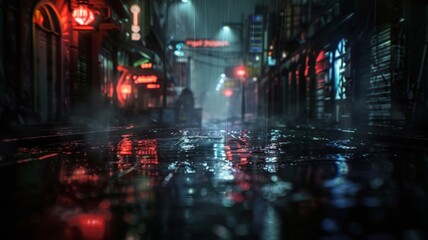 Enter the mysterious realm of a dark street, where wet asphalt reflects the dim rays of distant...
