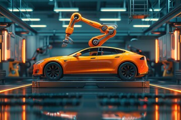 Automated Robot Arm Assembly in a Car Factory 3D Concept. Generative Ai