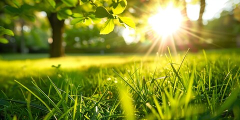Close-up of grass and tree leaves in a sunlit park