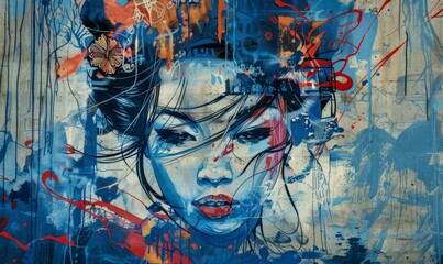 Obraz premium abstract face of a blue geisha - graffiti art