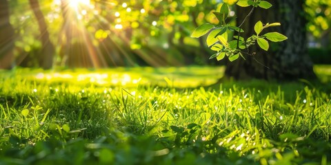 Close-up of grass and tree leaves in a sunlit park