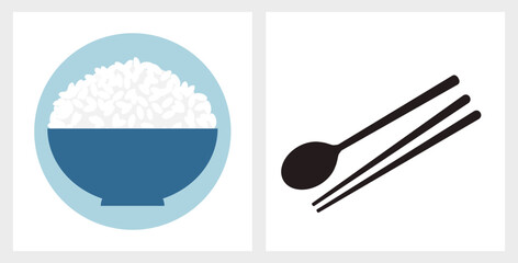 Rice bowl, spoon and chopsticks icon sign vector.