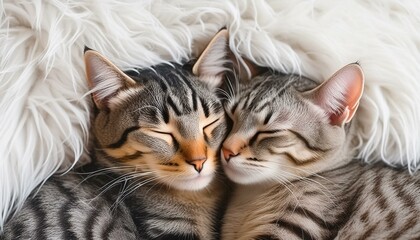 白いふわふわのベッドで抱き合いながら顔を寄せ合い眠る素敵な猫のカップル