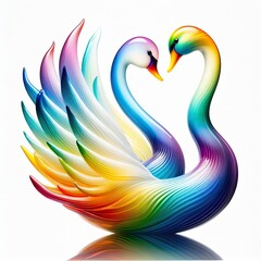 Naklejka premium A stunning blown glass sculpture of a playful, couple swan with seamlessly blended rainbow colors, white background