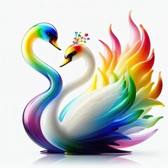 Naklejka premium A stunning blown glass sculpture of a playful, couple swan with seamlessly blended rainbow colors, white background