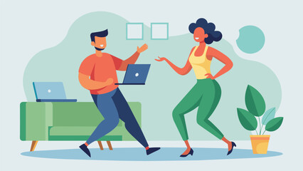Two partners following the lead of a virtual dance instructor on their laptop as they try to master the art of swing dance in their home.. Vector illustration