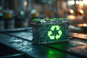 Battery for car with green recycle sign. Generative Ai