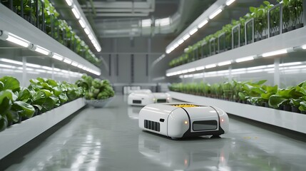 Advanced Autonomous Robots Facilitating Harvest in a Futuristic Indoor Vertical Farm Generative ai