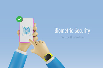 Fingerprint biometric scanning to access on mobile. Cyber security, digital banking, online financial security system innovation technology.  3D vector.