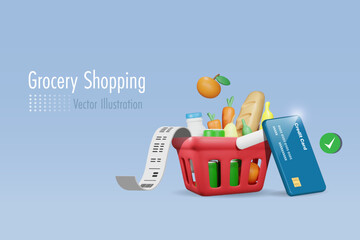 Credit card shopping and secure payment. Grocery shopping basket with credit card and bill receipt for online shopping with money protection. Money spending, online banking, financial. 3D vector.
