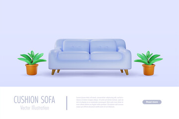 3D cushion sofa with plant pot in living room. Minimalistic furniture, home decoration. Cartoon character. Vector.