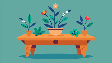 A wooden tea table adorned with delicate flowers or plants symbolizing growth resilience and the cyclical nature of life.. Vector illustration