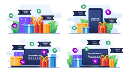 Set of flat illustrations of using promo code on online shopping checkout, Discount code, Gift voucher, Gift card, Bonus, Promotion campaign