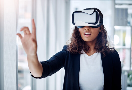 Virtual reality, technology and business woman with digital glasses for webinar, conference and presentation in metaverse for corporate career. Futuristic, fantasy simulation and lawyer in office