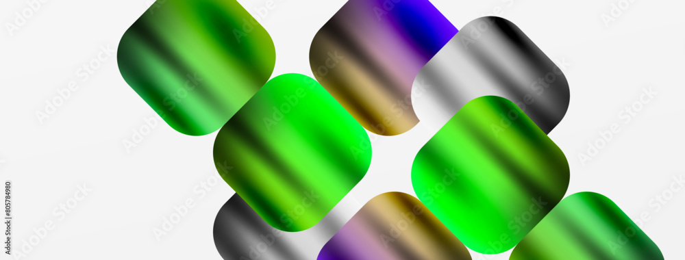 Poster vivid green and purple shapes float in the air against a white backdrop, showcasing a mix of electri