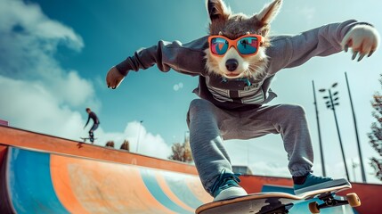 Athleisureclad Anthro Sloth Demonstrates Skateboarding Prowess in Vibrant Skatepark Generative ai