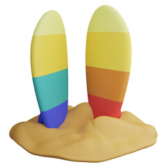 Surfboard on the beach clipart flat design icon isolated on transparent background, 3D render Summer and beach concept